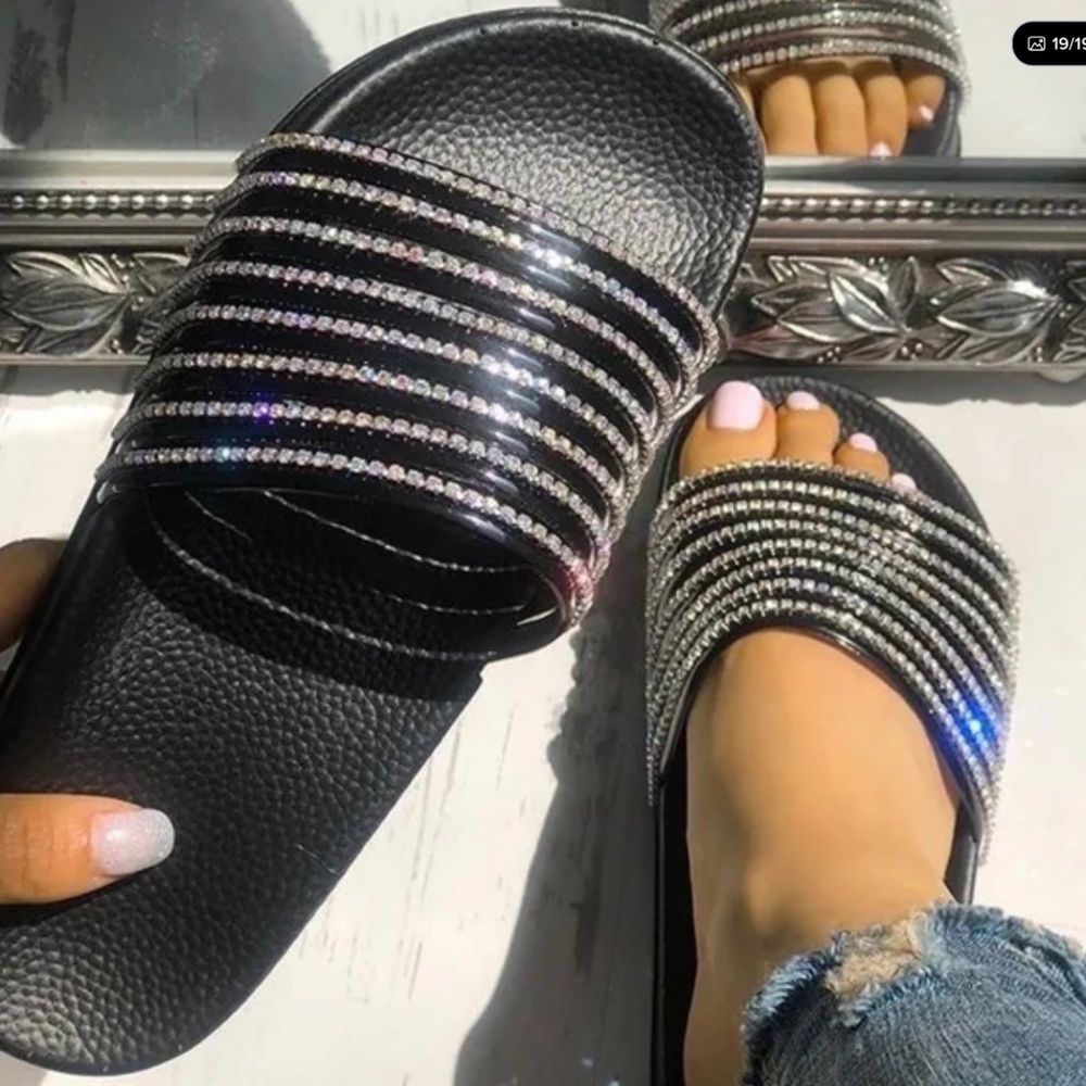 Qupid Black Rhinestone Slide Sandals | Comfy Sparkly Slip On Flat - Picture 2 of 7